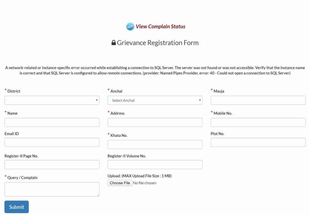Grievance Registration jharbhoomi complaint form